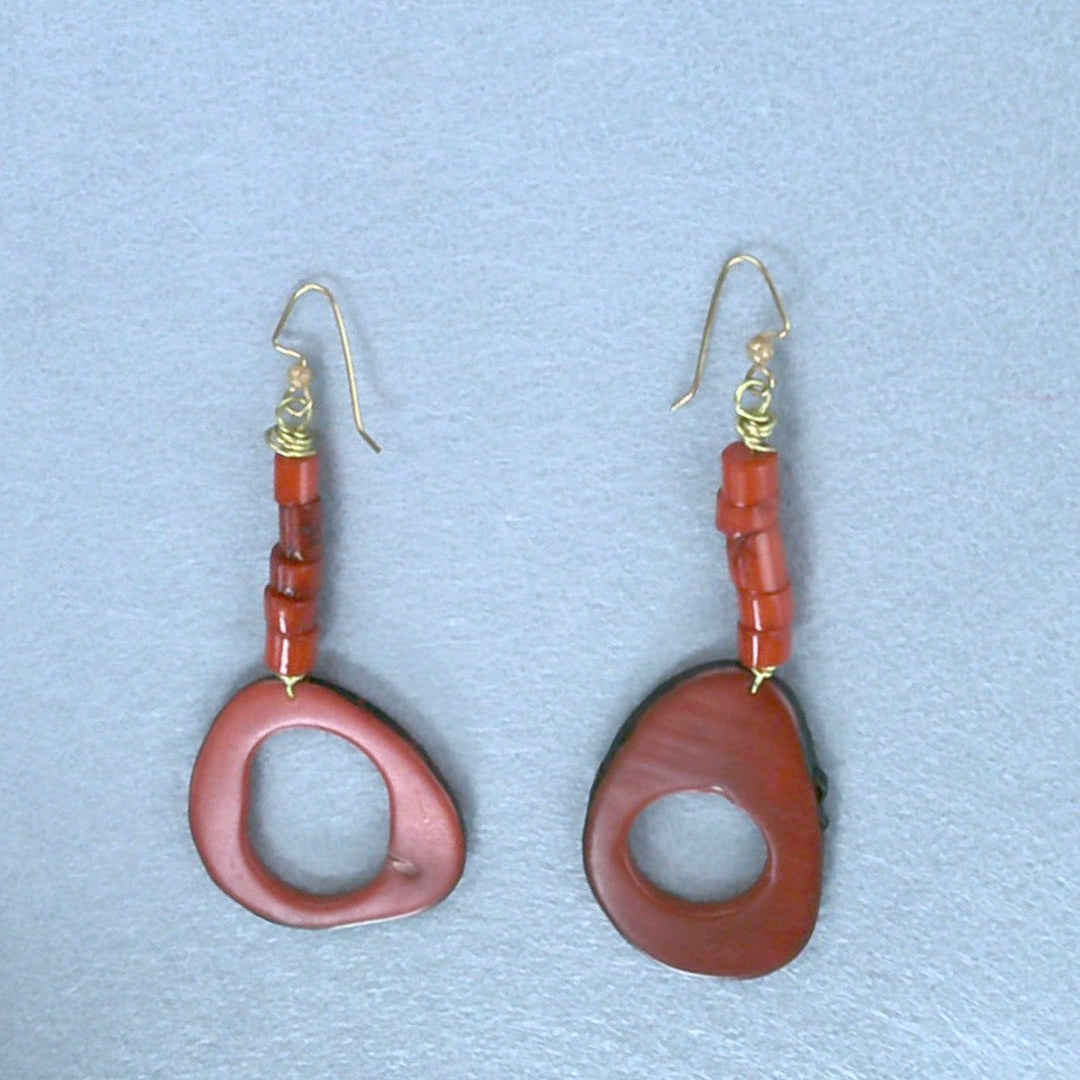 104 - Tagua Nut, Coral Shell & Red Bone Statement Earrings