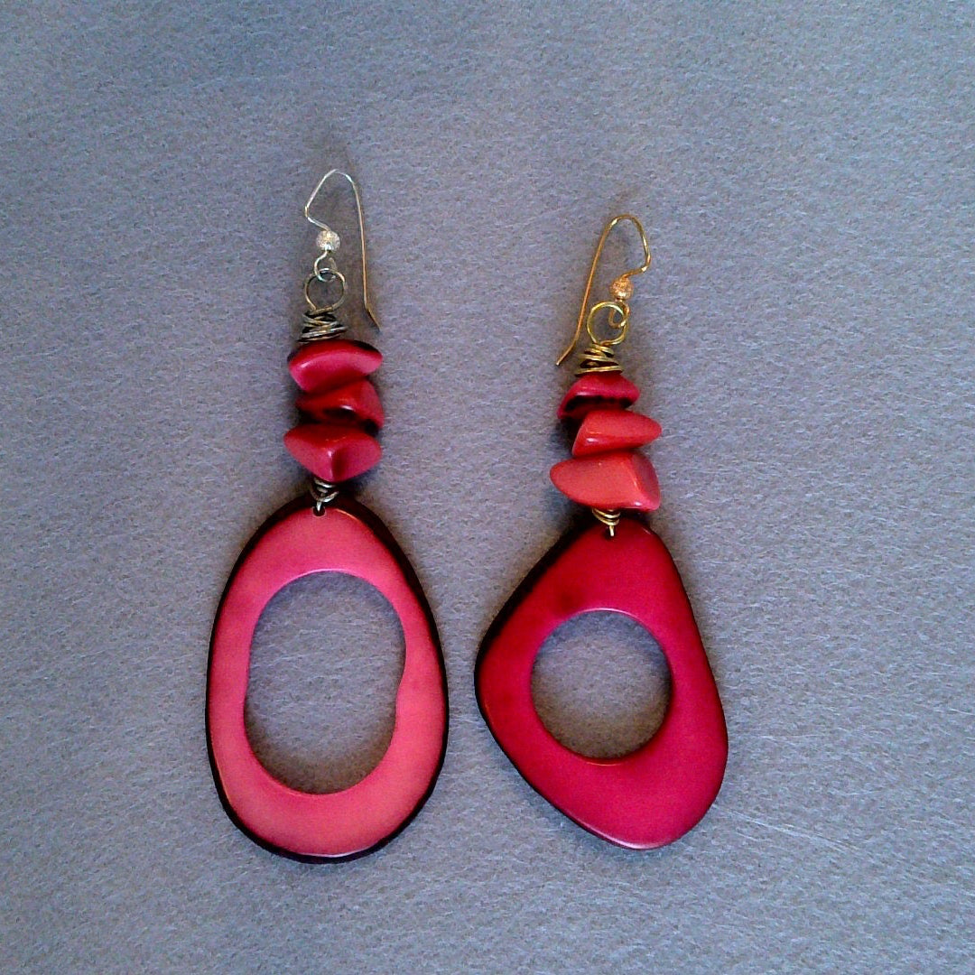 111 - Tagua Nut Hot Pink Dangle Earrings