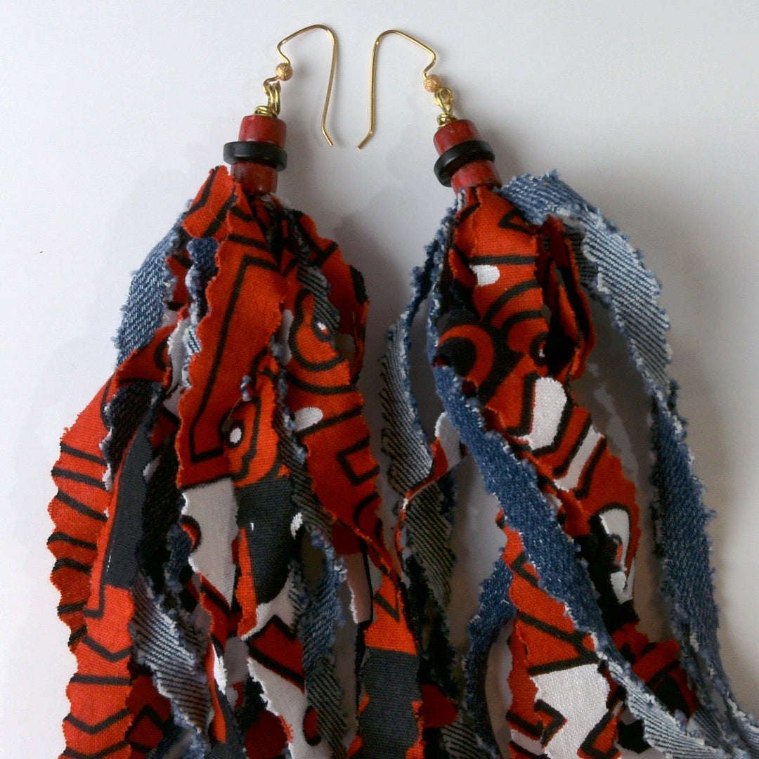 142 - Red, White, Jean and Black Fabric Tassel Earrings