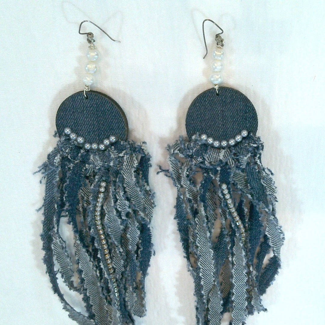 146 - Blue Denim Wood Tassel Earrings