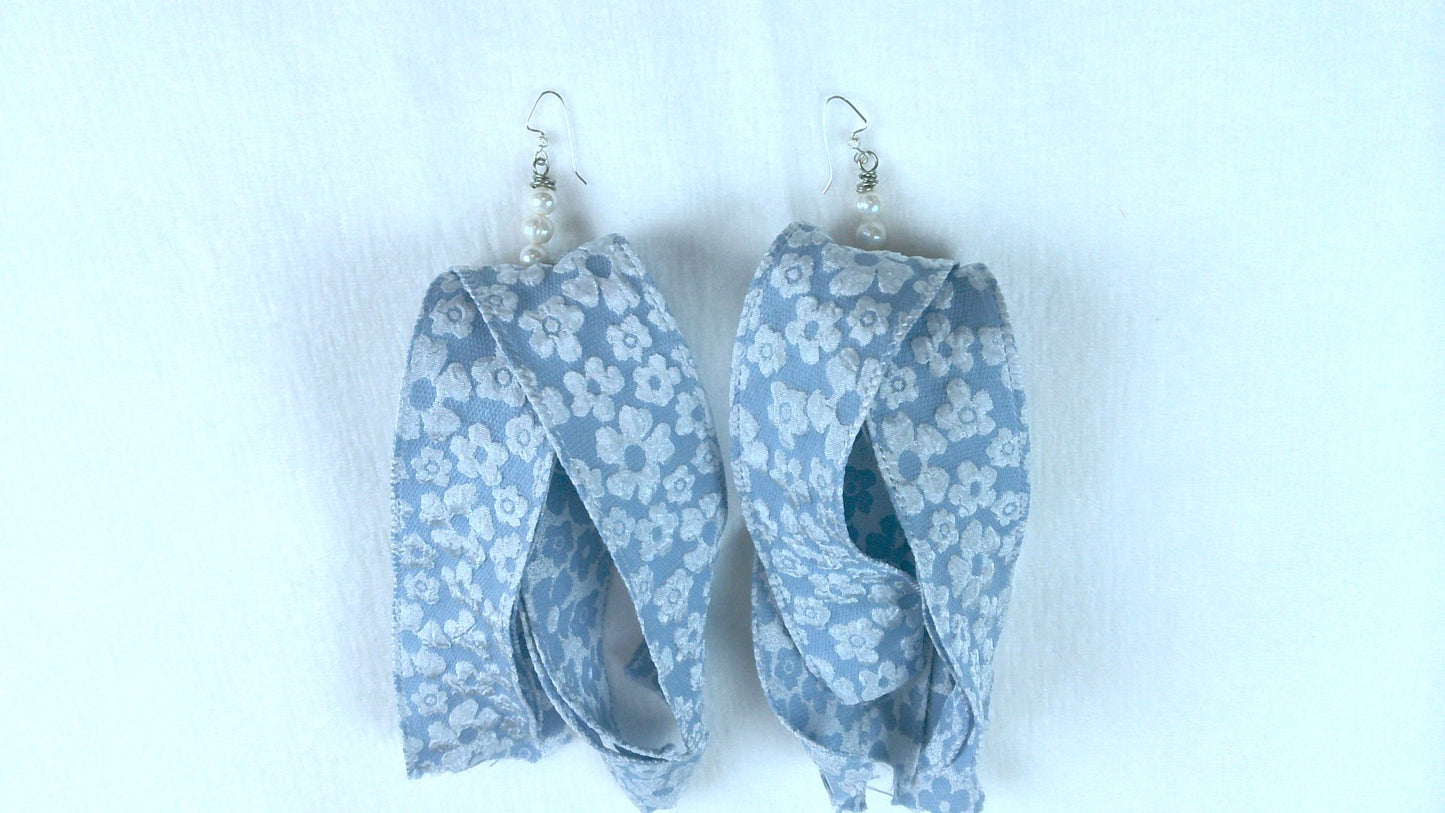 148 - Blue Floral Ribbon Earrings