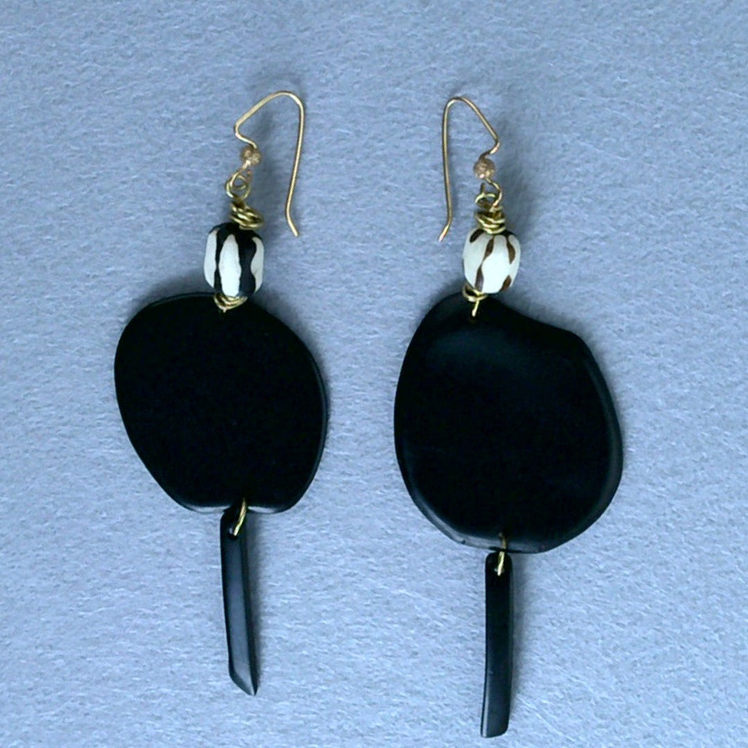 101 - Tagua Nut Black with Bone Bead "Circle" Drop Earrings
