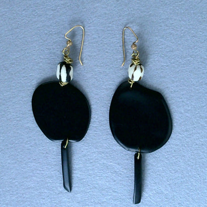 101 - Tagua Nut Black with Bone Bead "Circle" Drop Earrings