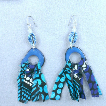106 - Tagua Handmade Ankara Fabric Tassel Earrings - Blue Hoop Statement