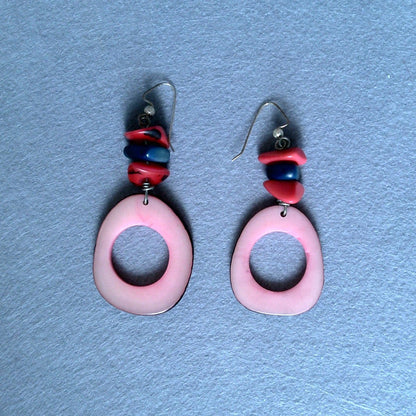 109 - Tagua Nut Pink (blue accent) Dangle Earrings
