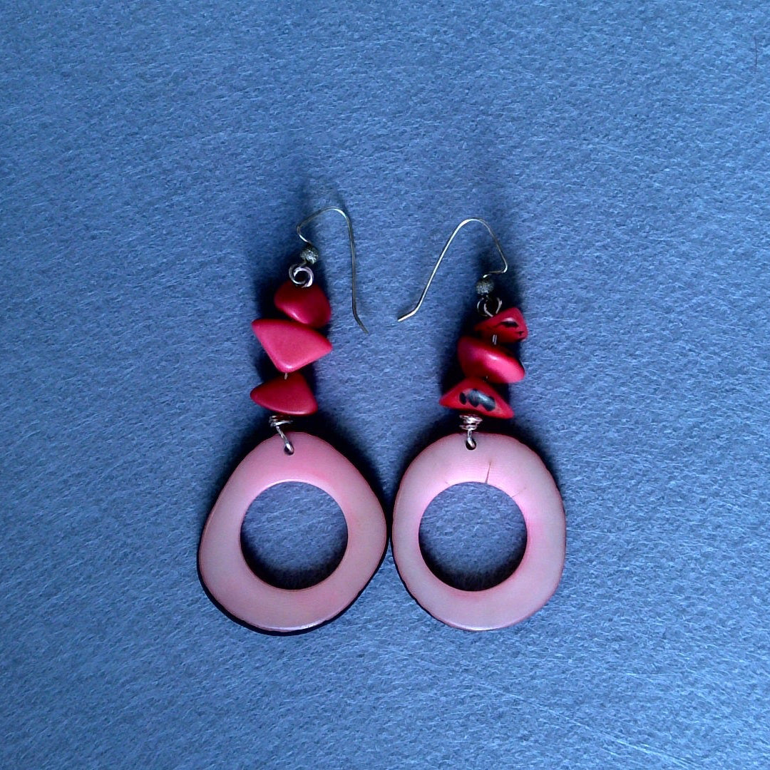 110 - Tagua Nut Pink (hot pink accent) Dangle Earrings
