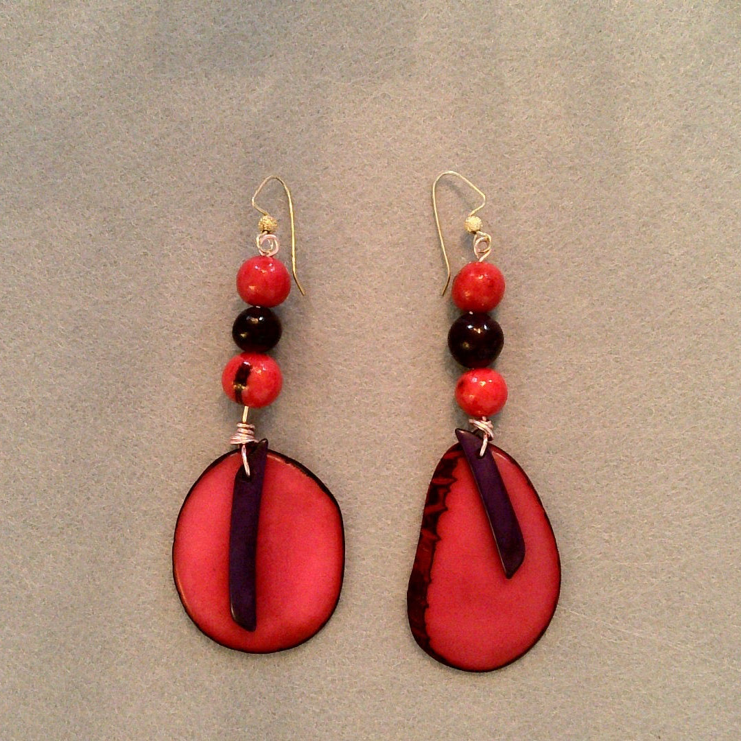 114 - Tagua Nut Fuchsia & Purple  Earrings with Dark Red Accents