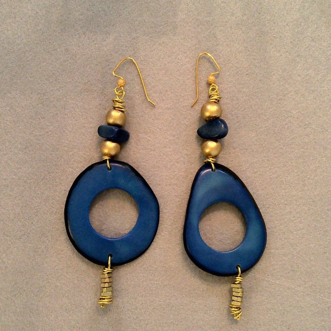 115 - Tagua Nut Deep Blue Dangle Earrings