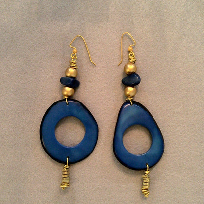 115 - Tagua Nut Deep Blue Dangle Earrings