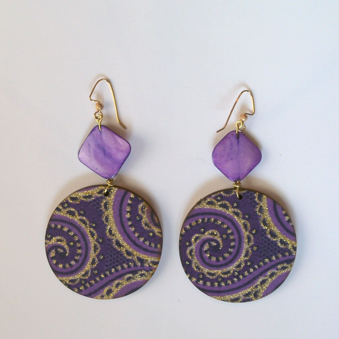 131 - Purple and Gold Wood Dangle Earrings