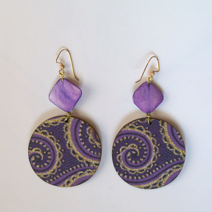 131 - Purple and Gold Wood Dangle Earrings