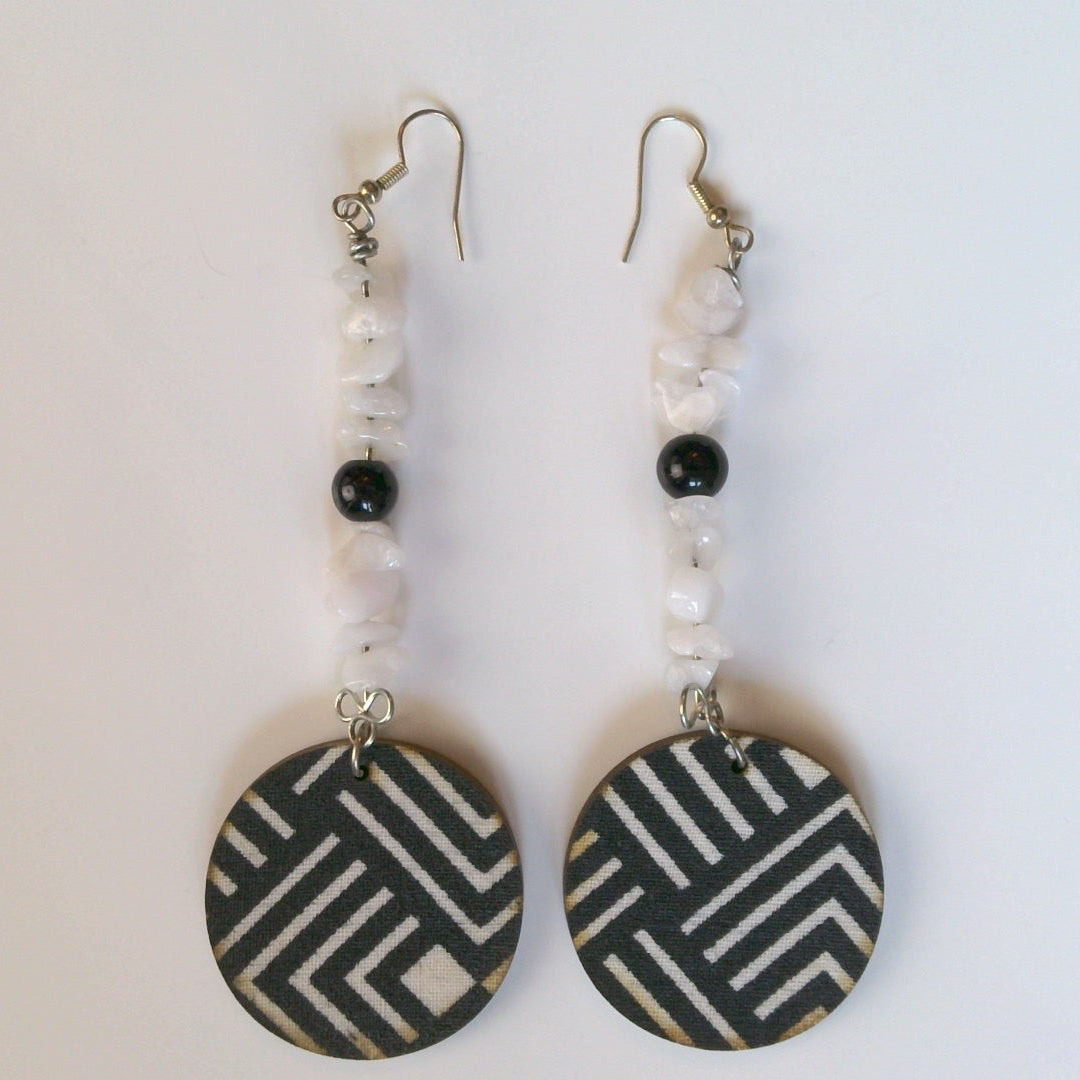 132 - Black and White Wood Dangle Earrings