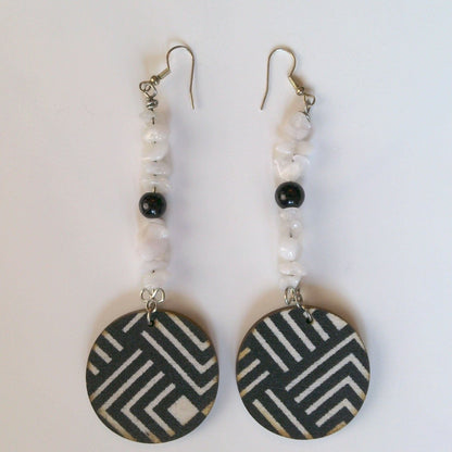 132 - Black and White Wood Dangle Earrings