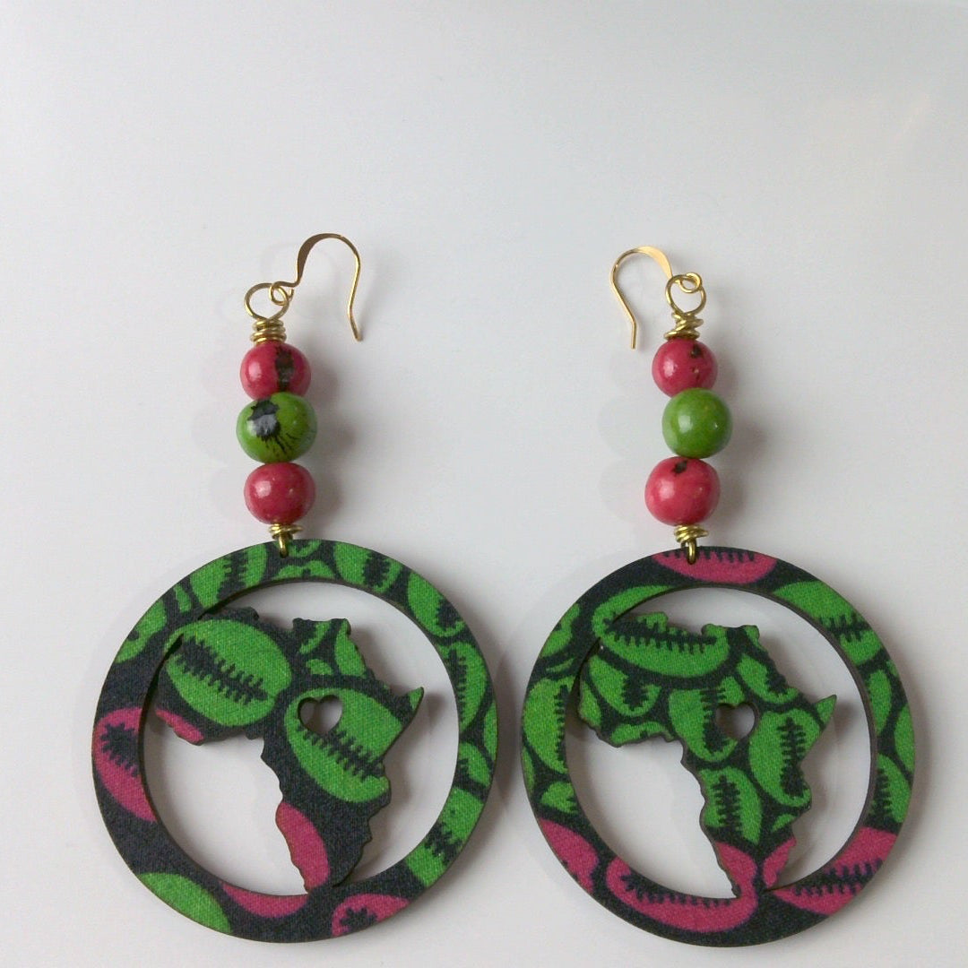 133 - Pink and Green Wood Dangle Earrings with Açaí Beads