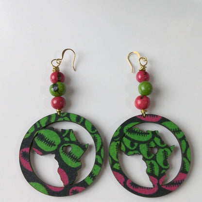 133 - Pink and Green Wood Dangle Earrings with Açaí Beads