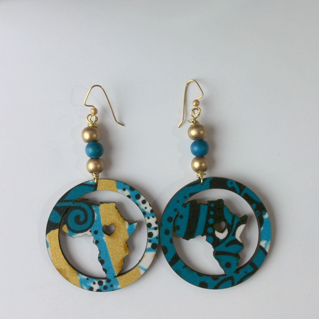 134 - Blue and Gold Wood Dangle Earrings with Wood Beads
