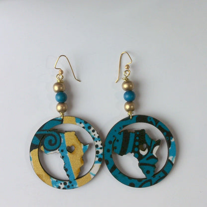 134 - Blue and Gold Wood Dangle Earrings with Wood Beads