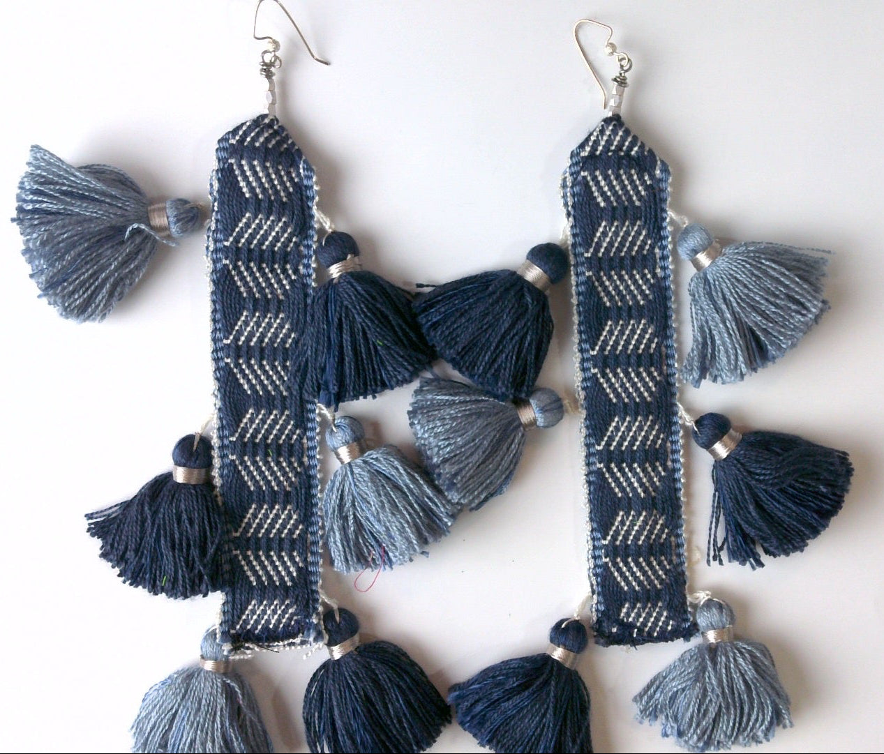 143 - Blue and White Fabric Tassel Earrings