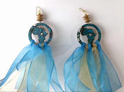 135 - Blue and Gold Wood Tassel Earrings