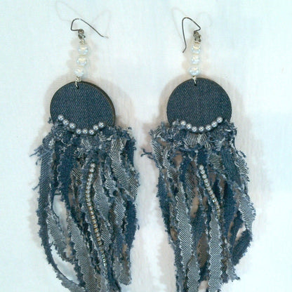 146 -  Blue Denim Wood Tassel Earrings