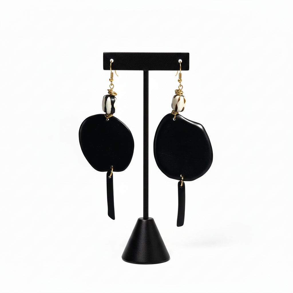 Black Bone Circle and Drop Earrings with T-bar Stand