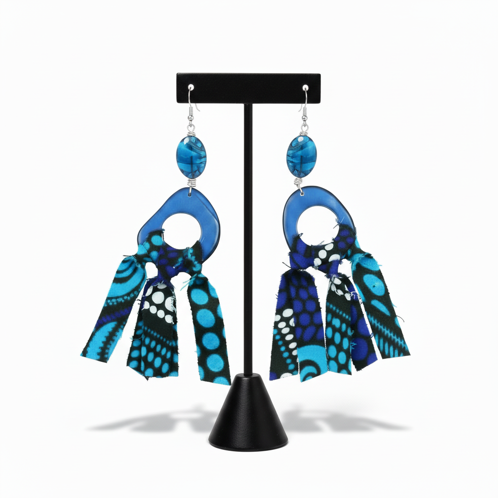 Blue Ankara Fabric Tassel Earrings with T-bar Stand