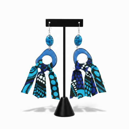 Blue Ankara Fabric Tassel Earrings with T-bar Stand