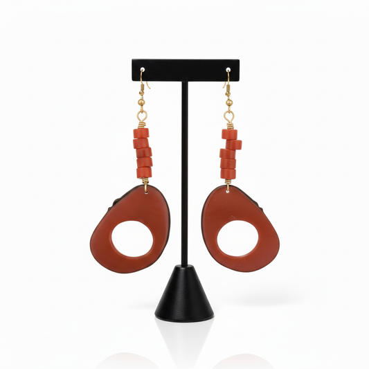 Coral Shell and Red Bone Earrings with T-bar Stand