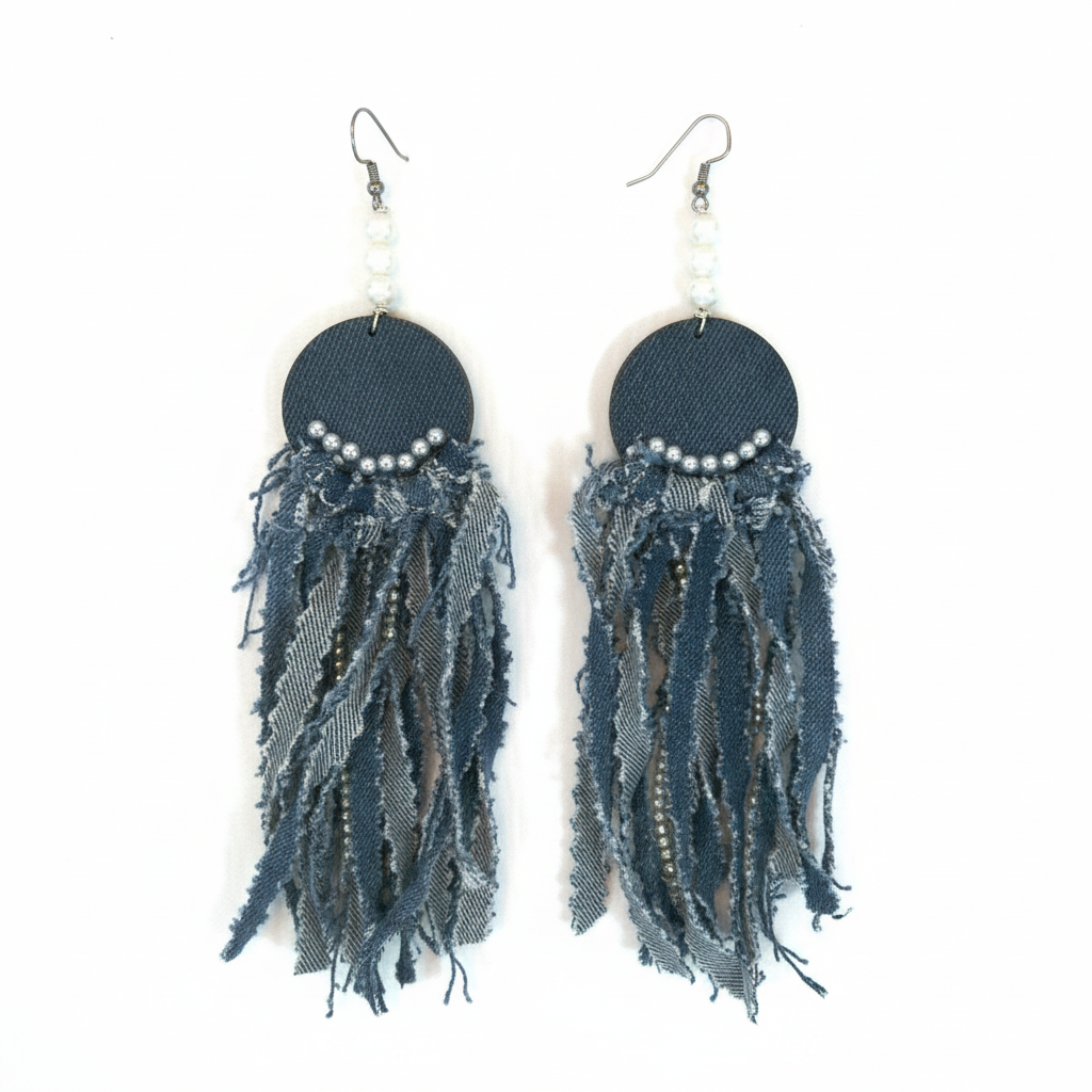 Denim Wood Tassel Earrings - White Background