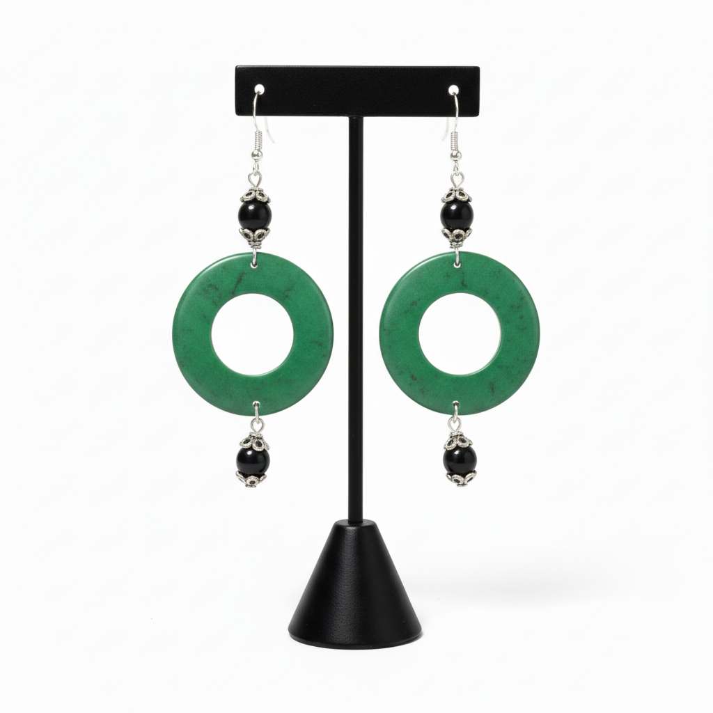 Green Bone and Black Onyx Earrings with T-bar Stand
