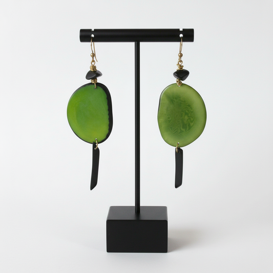 Green Tagua Nut Earrings on Black T-Bar Stand