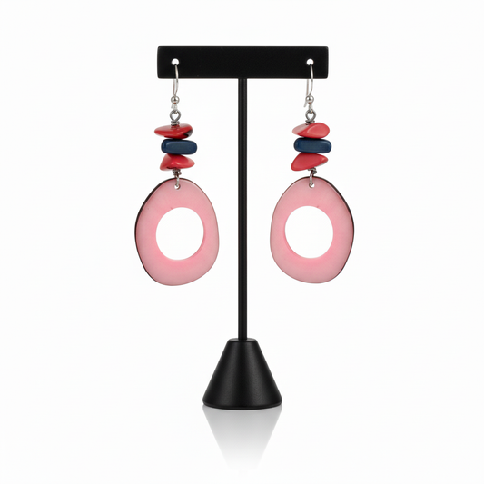 Pink & Red Tagua Nut Earrings with Black Display Stand